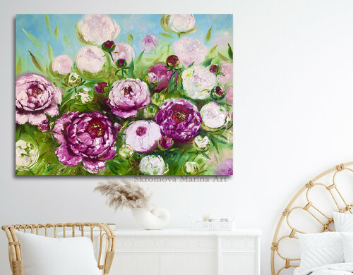 PEONY TREASURE - Summer garden pink peonies. Bright bouquet of lush white flowers. Marina Skromova