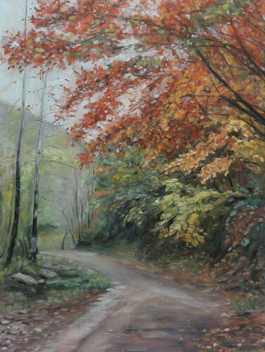 impressionism realistic art - colorful landscape painting - beautiful color - fall leaves - autumn path Yang Zhaohui