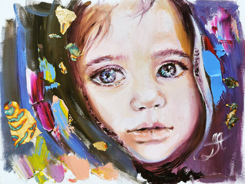 Girl with big eyes. Print on canvas. Gold leaf giclee print. Girl in a headscarf print. Annet Loginova
