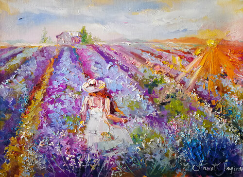 Colorful print on canvas. Painting Provence with strokes. Girl in a dress giclee print. Lavender field print. Annet Loginova