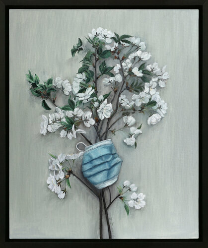 modern contemporary - epidemic art - mask - figurative painting - still life - plant - flowers - pear flower blossom Yang Zhaohui