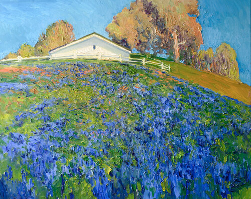 Landscape with White Farmhouse and Blue Wildflowers Suren Nersisyan